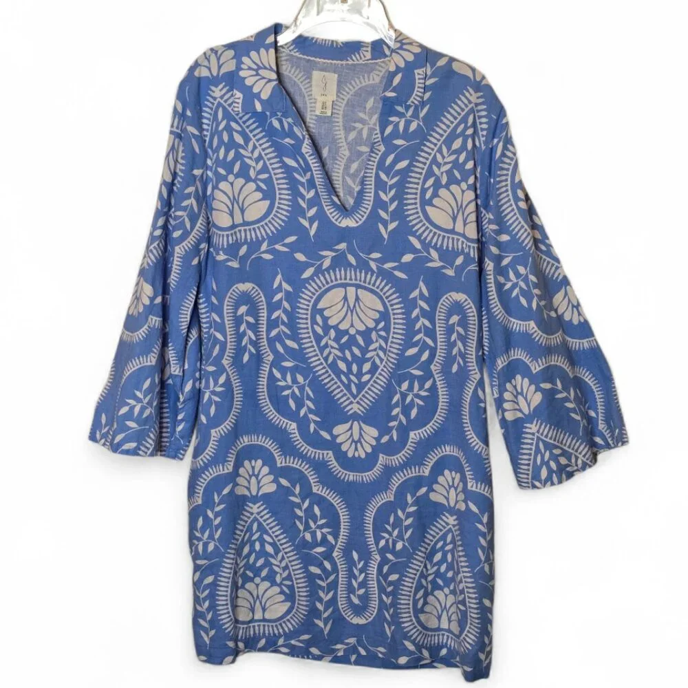 Joie Blue White Paisley Tunic Dress Size 8 Bell Sleeve Boho Resort Mini